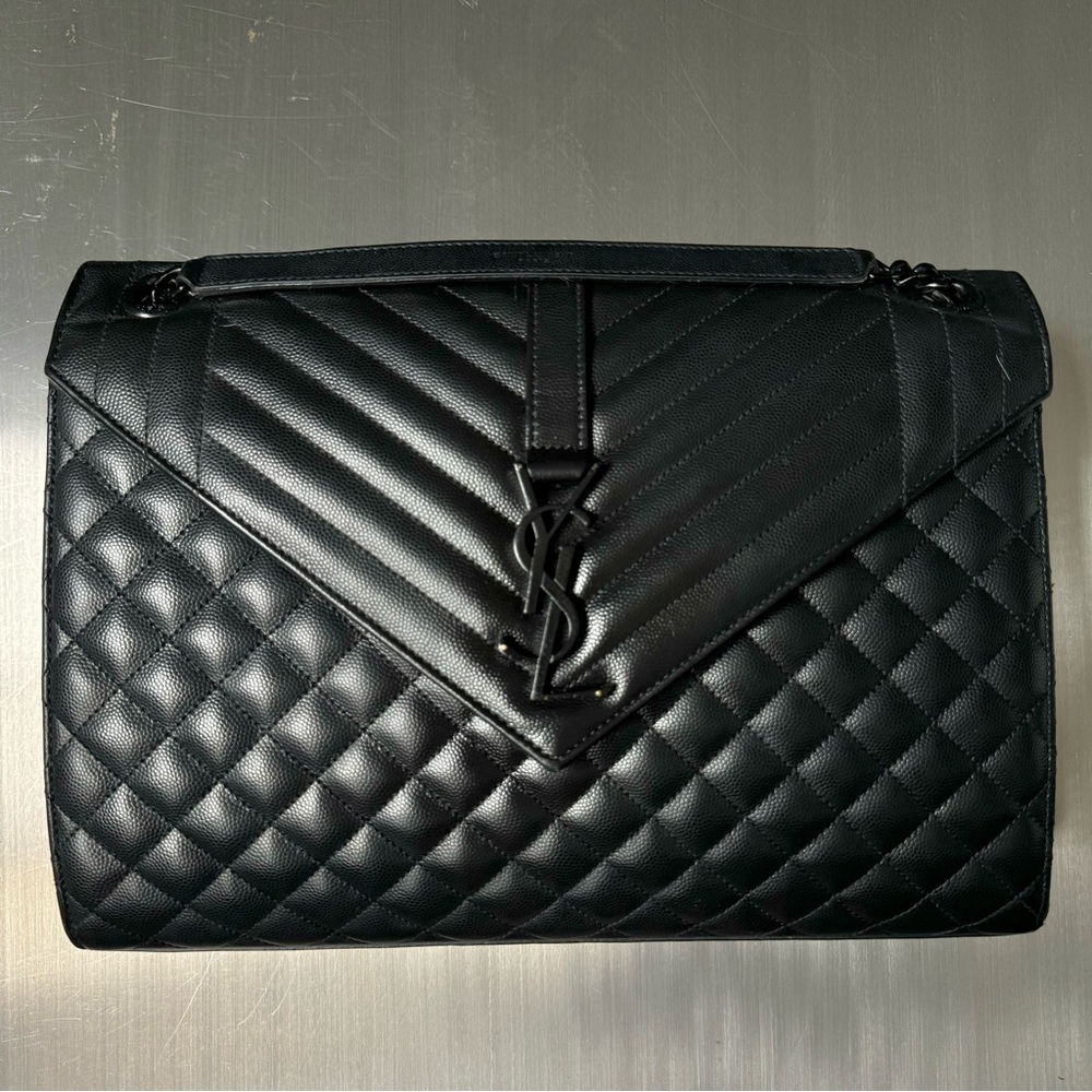 Saint Laurent Ysl Grain De Poudre Large Envelope Flap Bag In Black